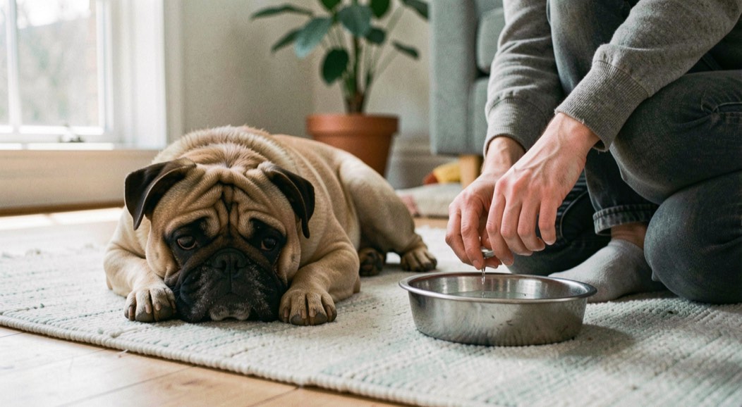 Un bouledogue français se repose à l’ombre sur un tapis frais, son humain garde une gamelle d’eau près de lui dans une pièce aérée.