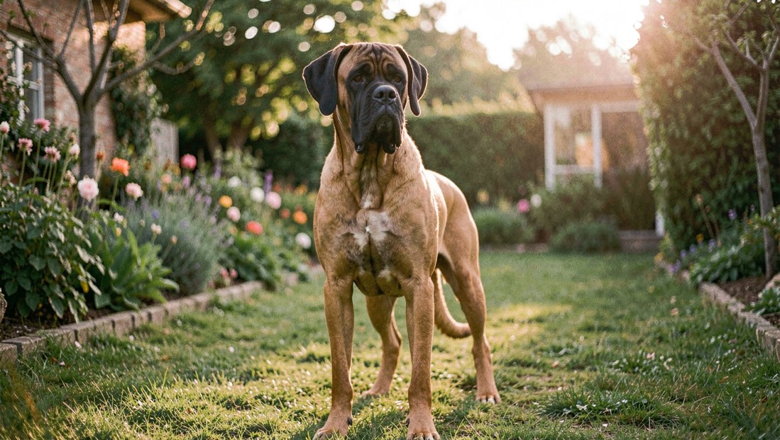 Un Dogue allemand fauve au masque noir se tient debout dans un jardin familial, sa silhouette noble éclairée par un soleil rasant.