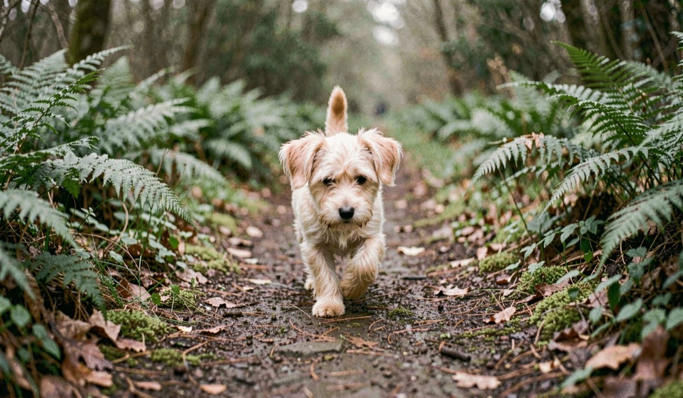 Un petit chien au poil clair marche sur un chemin bordé de fougères, sa taille apparaît dans le paysage sans mise en scène de studio.