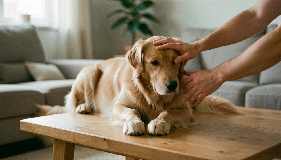 Un chien est observé avec douceur sur une table basse, une main écarte son pelage sans tirer et la pièce reste calme.