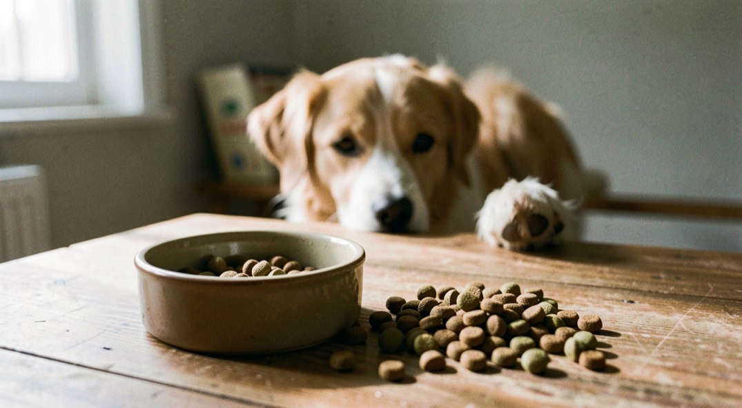 Une gamelle en céramique et une mesure de croquettes sont posées sur une table en bois, avec un chien flou dans la lumière du matin.