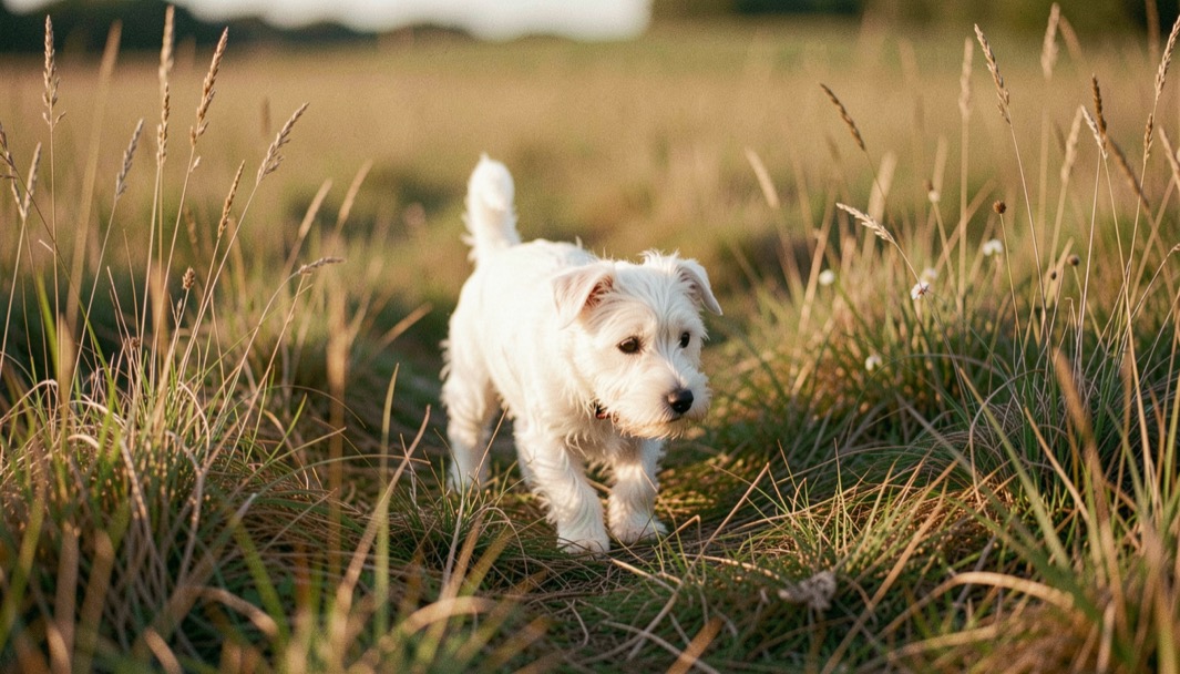 Un petit terrier blanc avance dans une prairie basse, son poil texturé éclairé par un soleil de fin d’après-midi et des herbes dorées.