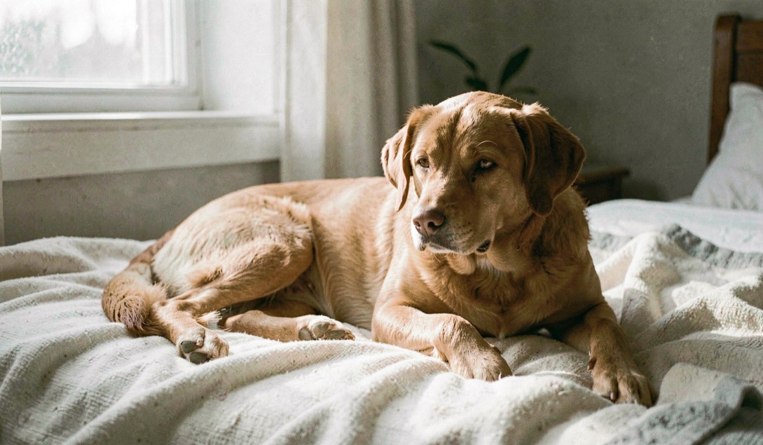 Un chien calme repose près d’une couverture claire, une lumière douce entre par une fenêtre et dessine une scène de soin quotidien.