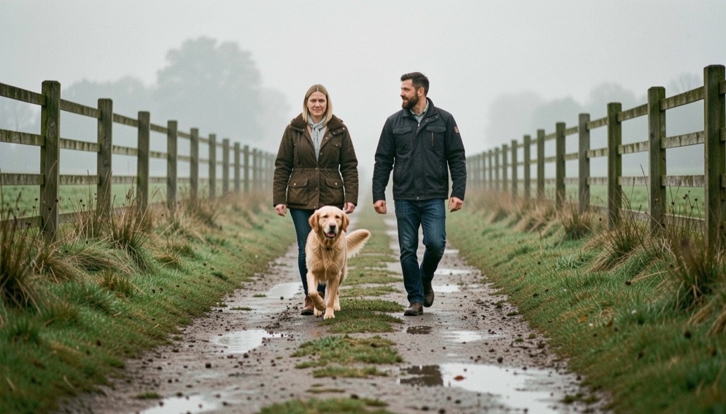 Un chien et son humain marchent côte à côte sur un chemin de campagne humide, avec une clôture de bois et une brume légère au loin.
