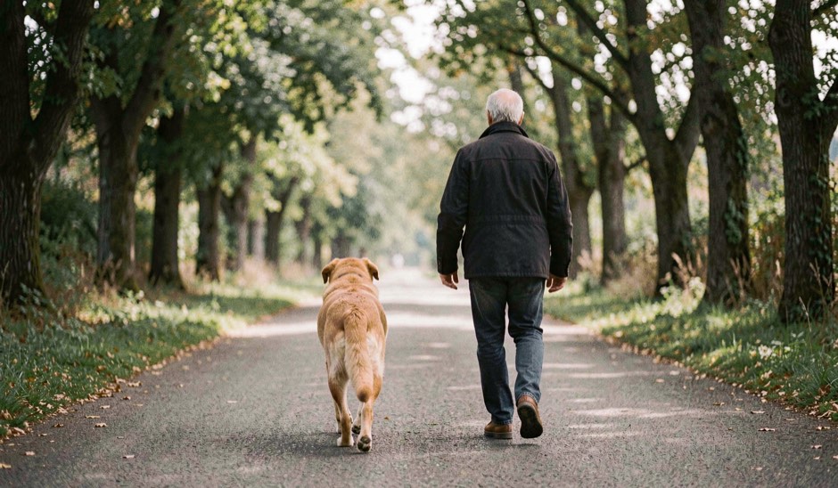 Un chien marche avec son humain sur un chemin bordé d’arbres, la scène est photographiée de dos dans une lumière douce.
